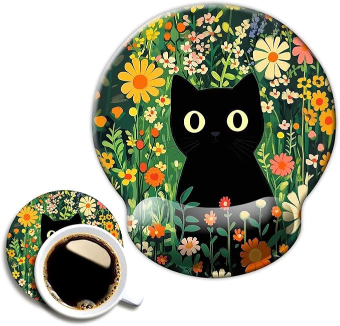 Ergo Comfort Gel Wrist Rest Mouse Pad-Ergonomic Office Mousepad with Wrist Support-Non-Slip, Design Desk Accessories Mat for Home&Game Decor Cute Black Cat
