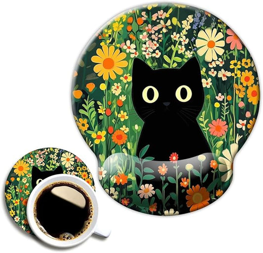 Ergo Comfort Gel Wrist Rest Mouse Pad-Ergonomic Office Mousepad with Wrist Support-Non-Slip, Design Desk Accessories Mat for Home&Game Decor Cute Black Cat