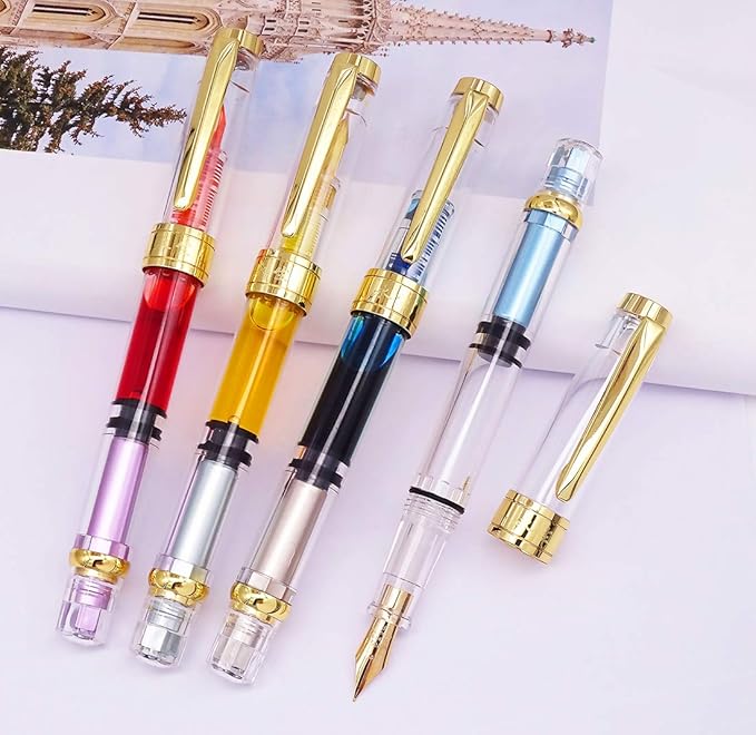 Lanxivi 4 Colors Yongsheng 3008A Fountain Pen Piston Filling Upgraded Fine Nib,Transparent Gold Trim