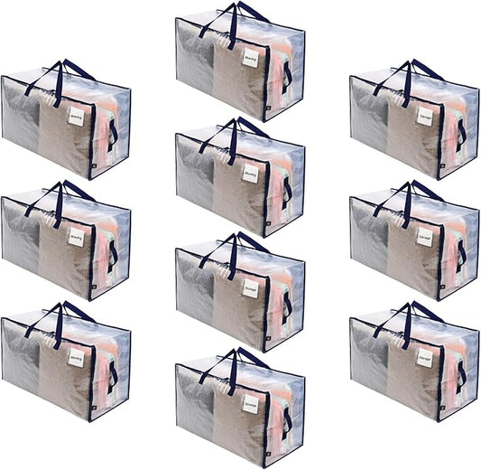 VENO 10 Pack Moving and Storage Bags, Heavy Duty, Alternative to Moving Boxes, Large Packing Totes Supplies for College Dorm Room with Zipper for Clothes, Wide Open Design (Clear, 10 Pack)
