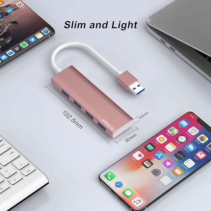 USB Hub, USB 3.0 Hub Aluminum Alloy Ultra Slim USB Splitter, Portable 4 Port USB Extender, USB Hub for Laptop, PC, MacBook, iMac, Surface Pro, Mac Pro, Flash Drive, XPS 【Pink】