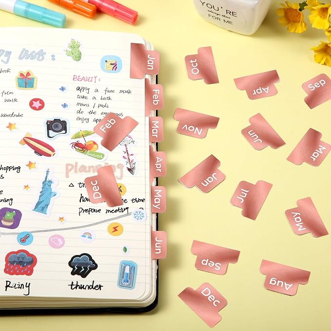 72 Pieces Adhesive Monthly Planner Tabs Monthly Index Stickers Decorative Label Calendar Stickers for Office Study Planner Journal Notebook Back to School Accessories(Rose Gold)