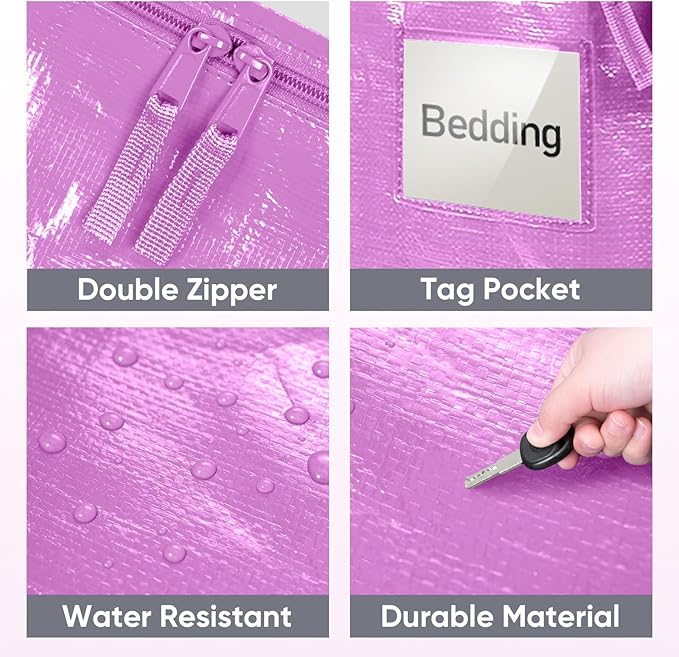 TICONN 8 Pack Extra Large Moving Bags with Zippers & Carrying Handles, Heavy-Duty Storage Tote Moving Boxes for Space Saving (8 Pack, Pink)