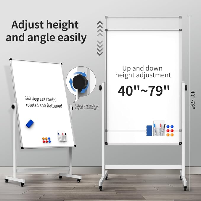 Rolling Whiteboard, Double Sided Magnetic Dry Erase Board Height Adjustable Whiteboard with Stand for Home Office Classroom (44" x 28")