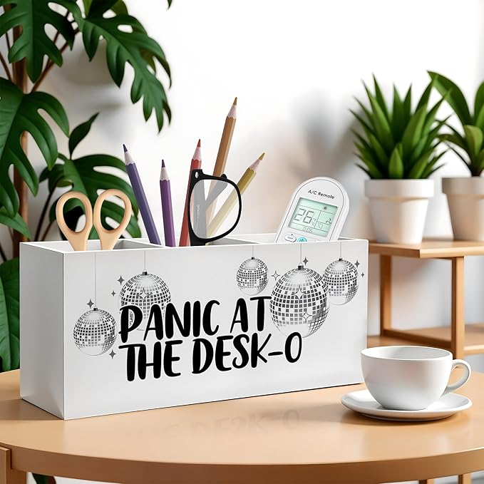 Funny Trendy Disco Ball Pencil Pen Holder for Desks, Panic at the Desk-O Mental Health Wooden Pencil Holder Organizer for Home Office Desk Accessories, Office Humor Gifts for Women