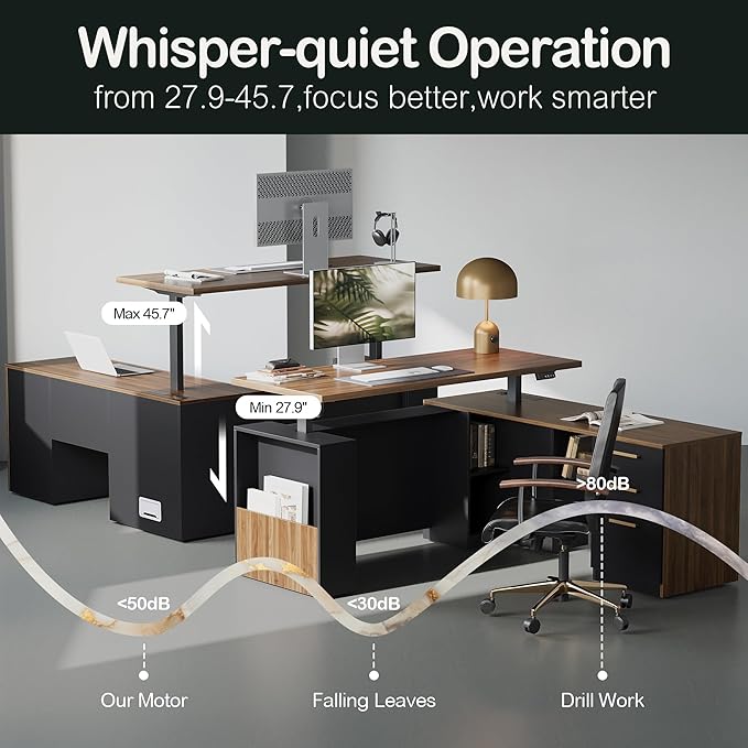 63" Standing Desk with File Cabinet, Privacy Panel, AC/USB, 1.18" Desktop, Executive L Shaped Height Adjustable Electric Stand Up Desk, Home Office Table with 3 Drawers, Black Walnut