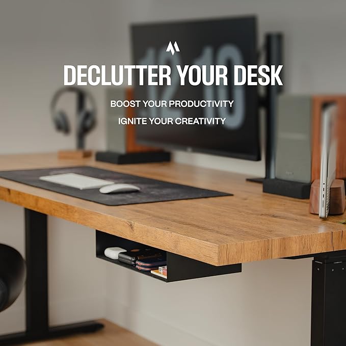 Under Desk Storage Shelf - Carbon Steel Under Desk Tray with Cable Management, Mountable Add-On Shelf for Table & Office Desks (13" x 8" x 2.8")