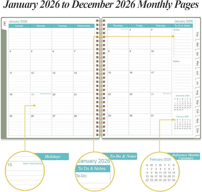 2026 Planner - Planner 2026 from January 2026 to December 2026 with 12 Monthly Tabs, Flexible Cover, Inner Pocket, 8.5" x 11", Green-B