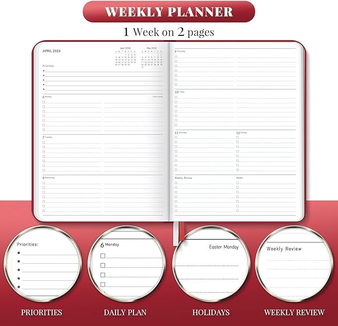 2026 Planner, Large Weekly and Monthly Planners, A4 Faux Leather Daily Calendar 2026 Planner, 12 Month Agenda from Jan. to Dec., Hardcover Habit Tracker Journal(Red)
