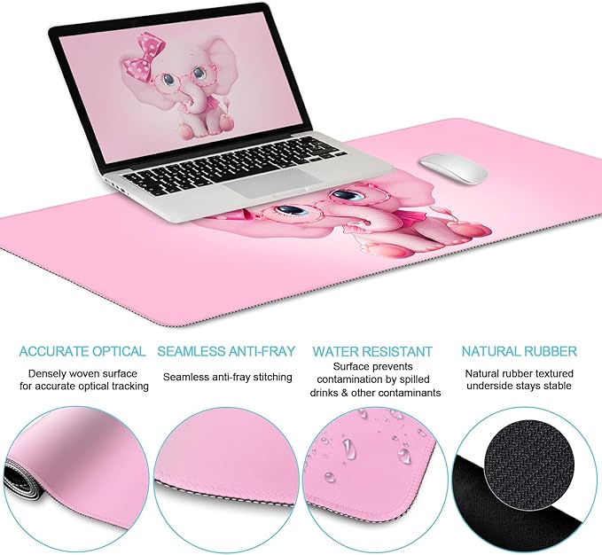 Elephant Mouse Pad Desk Mat Set, Kawaii Gaming Ergonomic Mouse Pad with Wrist Support Wrist Rest for Computer Keyboard Cup Coaster, Cute Pink Elephant Office Supplies Desk Decor Accessories