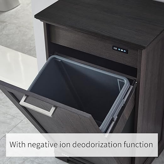 OLD CAPTAIN Wooden Tilt Out Trash Cabinet, Hidden Trash Can Kitchen Holds 10 Gallons (Dark Brown+Black Top Panel)