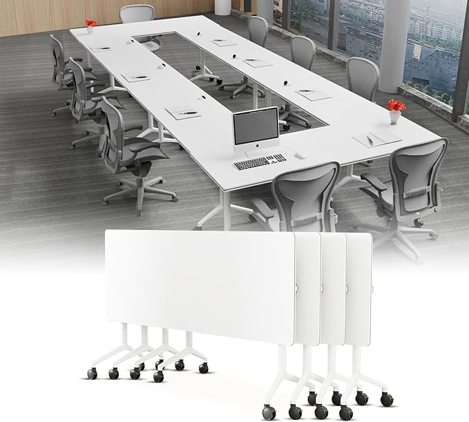 Conference Table, Folding Conference Desk Modern White, Seminar Table with Wheels, 2-10 People for Office, Meeting Break Room (4, 1915, 47IN)