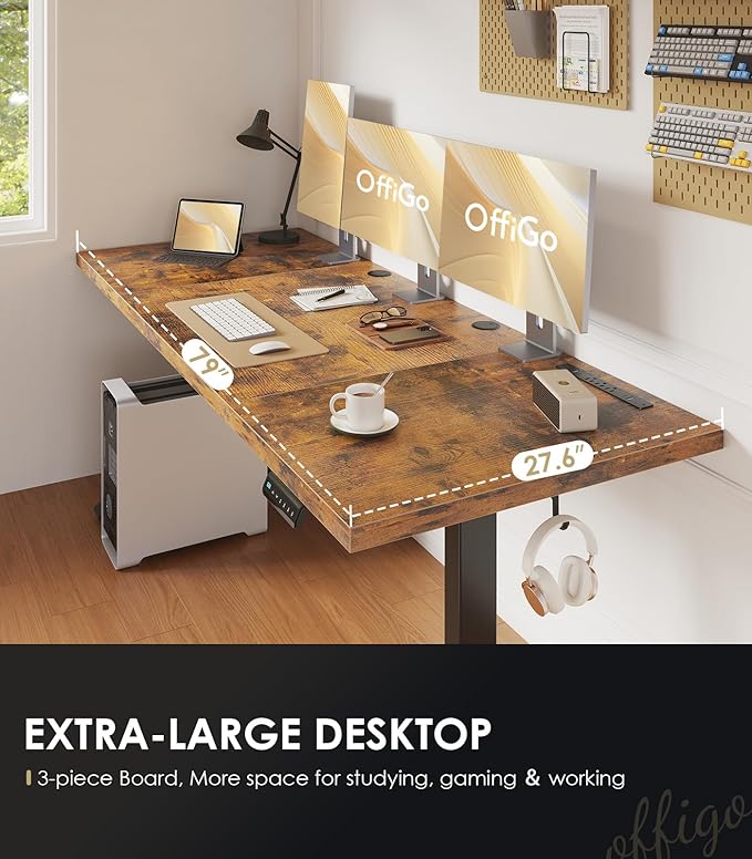 OffiGo Electric Standing Desk with 3-Piece Board, 79 Inch Height Adjustable Large Desk with Power Outlets, Sit Stand Table, Writing Computer Desk for Home, Office, Workstation, Rustic Brown