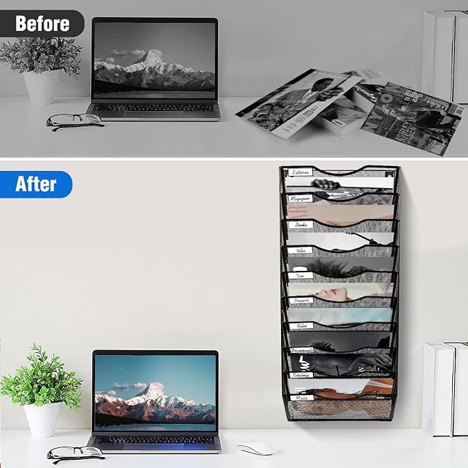 Wall File Organizer, 10 Tire Hanging File Folder Mail Organizer, Vertical Mesh Metal Door/Wall Mount Hanging File Holder, Paper Document Magazine Rack with Hooks for Home Office Black