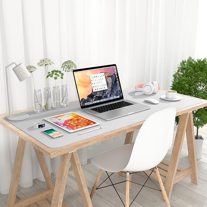 Hsurbtra Desk Pad, 35.5" x 17" PU Leather Desk Mat, XXL Extended Mouse Pad, Waterproof Desktop Blotter Protector, Non-Slip Ultra Thin Large Laptop Keyboard Writing Mat for Office Home, Gray