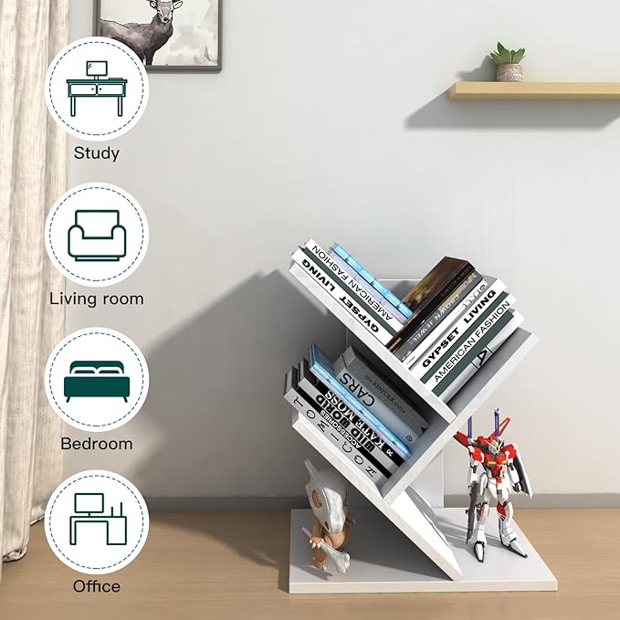 Godferyxin Tree Bookshelf, 3-Tier Wood Mini Bookshelf and Small Bookcase for Office, Home or School Desk Book Shelf for for Displaying Books, CDs, Magazines Wood Storage Rack-Whit