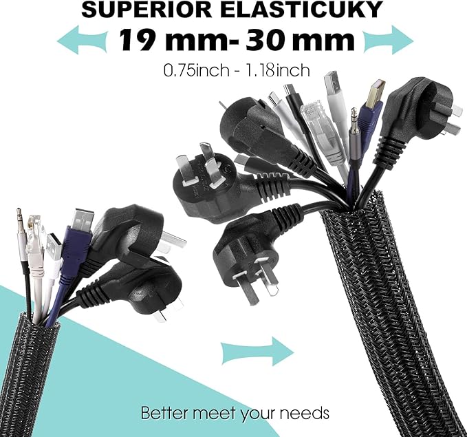 AGPTEK Cable Sleeve Cover, 20ft - 1.2 inch Desk Cord Organizer Cable Hider, Home Office Wire Management Computer TV Wire Loom Tubing, Pet Proof Cord Protector, from Cat Dog Chewing, Black