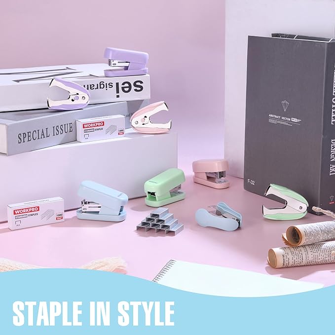 WORKPRO Mini Stapler with Staples, Blue Stapler Set Includes Two Small Staplers, One Staple Remover, 2000 Standard Staples, Lock Design, Non-Slip Base - Staplers for Desk, Classroom, Office