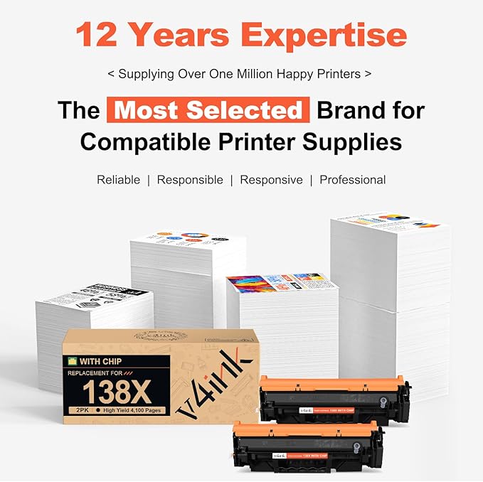 v4ink 138X 138A Toner Cartridge (with CHIP) Replacement for HP 138X 138A W1380A W1380X Black High-Yield Toner Cartridge Work with Laserjet Pro 3001dw MFP 3101fdw 3101sdw Printer, 2 Pack