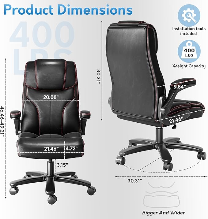 Office Chair Big and Tall 400lbs, High Back Executive Office Chair Flip Up Arms, Breathable Leather Home Office Computer Desk Chair with Lumbar Support Rocking Function, Black