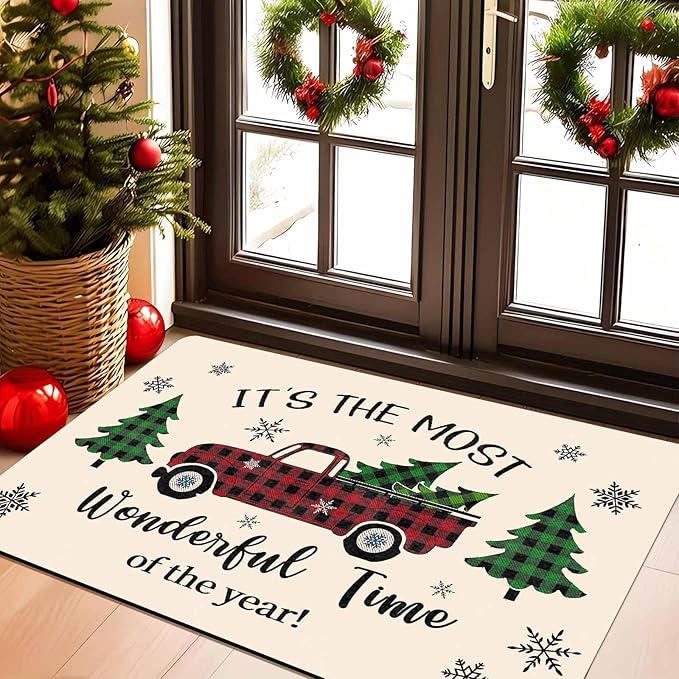 Merry Christmas Buffalo Plaid Truck Doormat Welcome Tree Mat Non Slip Holiday Xmas Front Door Mat for Entrance Indoor Home Bathroom Floor Decoration, 16" x 24" Inch