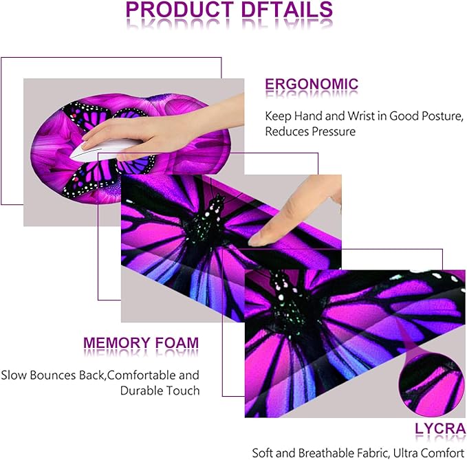 ARTSO Ergonomic Mouse Pad with Wrist Rest, Comfortable Keyboard Wrist Rest, Memory Foam Mousepad for Computer Keyboard, Mouse Pad Set for Easy Typing, Pain Relief, Purple Butterfly