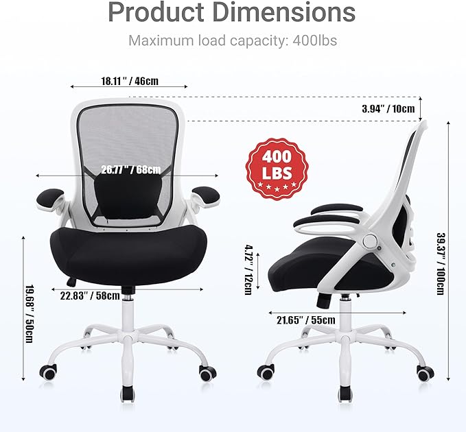 HYLONE 400lbs Heavy Duty Office Chair, 5" Thickened Seat Ergonomic Desk Chair with Adjustable Armrests, Home Office Computer Chairs for Long Hours Mesh Executive Chair(White Base&Black)