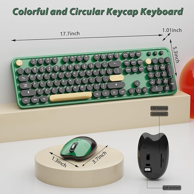 Wireless Keyboard,KOOTOP Cute Colorful 104 Keys Typewriter Retro Round Keycaps Keyboard for PC Laptop,Desktop,Windows, Home and Office Keyboards (Black Green)