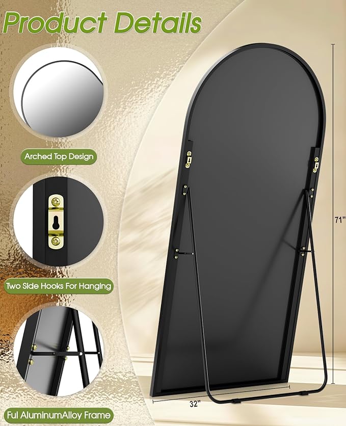 SUNQUEEN 71"×32" Mirror Full Length, Arched Full Length Mirror with Stand, Standing Floor Mirror Wall, Hanging or Leaning Large Full Body Mirrors for Bedroom Living Room (Black)
