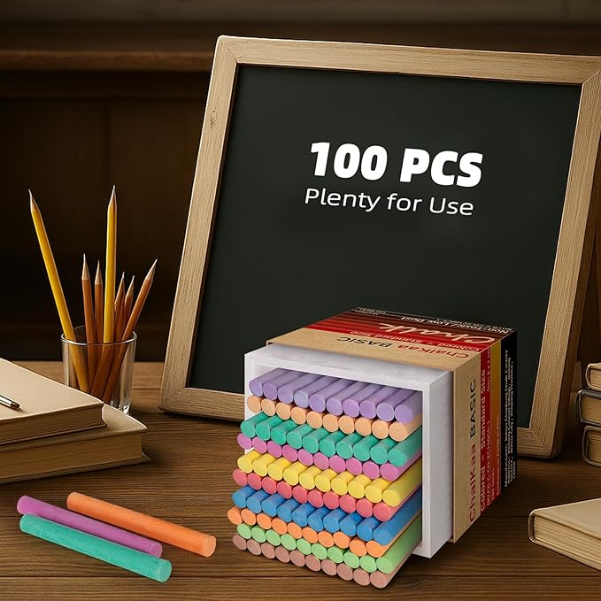Dustless Colored Chalk 100PCS, 10 Colors Non-Toxic Classroom Chalks for Teachers & Students, School Chalkboard Supplies
