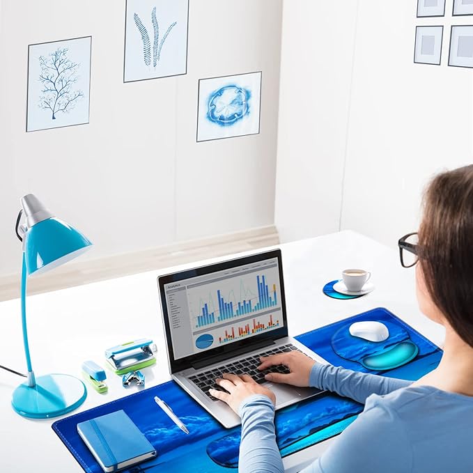 ARTSO Large Mouse Pad Set, Ergonomic Keyboard Wrist Rest Support, Memory Foam Gel Extended Non-Slip Desk Blotter Pad for Office, Home, Moon Blue Sea