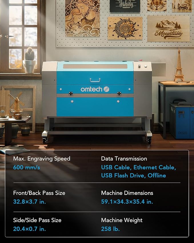 OMTech 90W CO2 Laser Engraver with LightBurn and Water Chiller, 20"x28" Laser Engraving Cutting Machine with Autofocus Autolift 4 Way Pass Air Assist, Commercial Laser Cutter