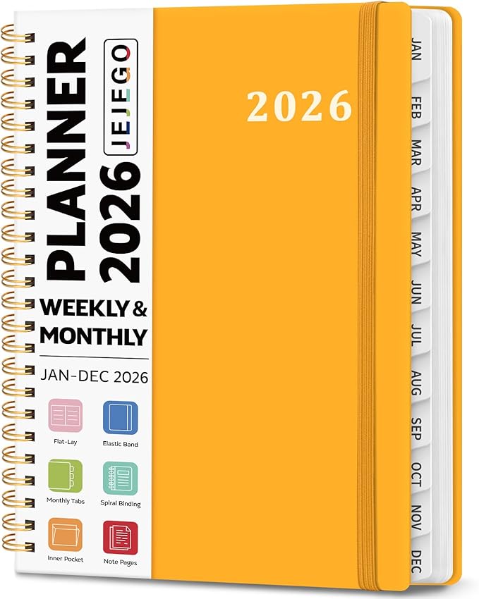 2026 Planner, Weekly and Monthly Calendar Planner Book, January 2026 - December 2026, Hardcover Spiral Planner with Monthly Tabs, Notes Pages, Perfect for Women & Men, A5 (6.4" x 8.5") - Yellow