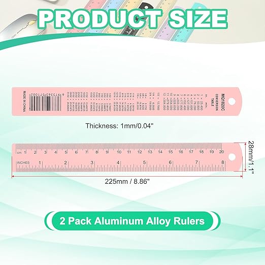 PATIKIL 20cm/8" Metal Ruler, 2 Pack Aluminum Alloy Rulers with Centimeters, Millimeters, Inches and Conversion Table Straight Edge Ruler for Writing Machinist Drafting, Pink