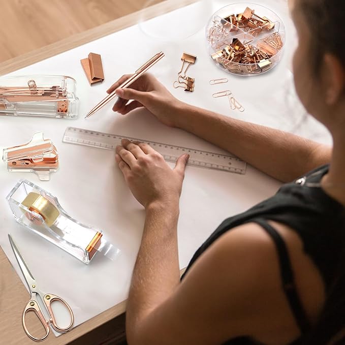 Rose Gold Office Supplies,UPIHO Rose Gold Desk Accessories,Stapler and Tape Dispenser Set with Stapler,Tape Dispenser, Staple Remover, Staples, Clips,Scissor,Pen and Sticky Notes,Gifts for Coworkers
