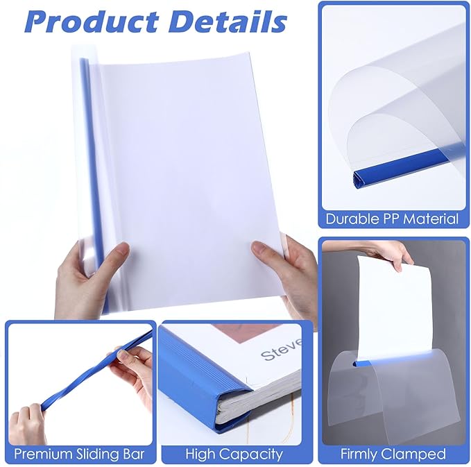 Thenshop 100 Pcs Clear Report Covers with Sliding Bars Sliding Bar File Folder Binder Plastic Report Folder for File Paper Book Resume Letter Office, 30 Sheet Capacity(Blue)