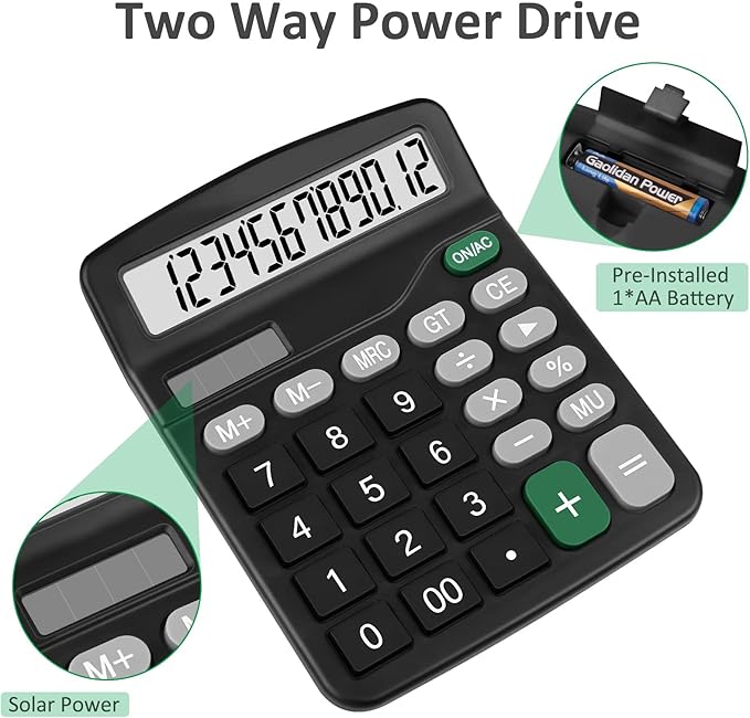 Calculators, Splaks 2 Pack Standard Functional Desktop Calculators Sola and AA Battery Dual Power Electronic Basic Calculator with 12-Digit Large Display for Office, Home, School (2 Black)