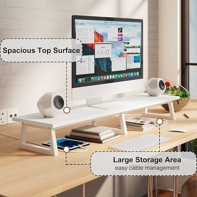 TEAMIX White Dual Monitor Riser for 2 Monitors-42inch, Wood Desktop Dual Stand with Metal Legs, Long Screen/PC/Laptop Storage,Computer Shelf TV Holder Home Office