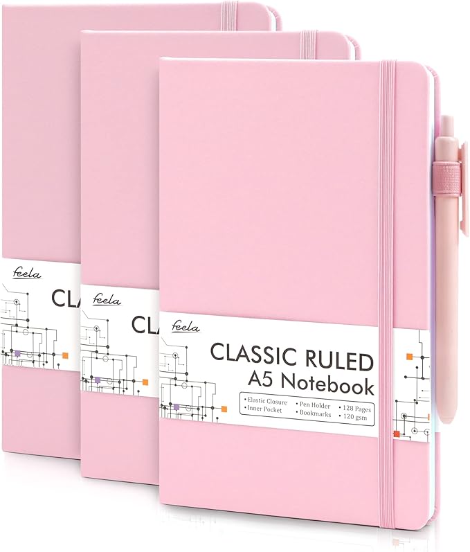 feela 3 Pack Notebooks Journals Bulk, Hardcover Notebook Classic Ruled Lined Journals with Pen Holder for Women Girls School Business Supplies, with 3 Black Pens, 120 GSM, 5.1”x8.3”, A5, Rose Pink