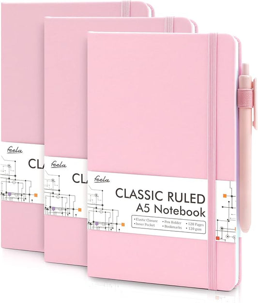 feela 3 Pack Notebooks Journals Bulk, Hardcover Notebook Classic Ruled Lined Journals with Pen Holder for Women Girls School Business Supplies, with 3 Black Pens, 120 GSM, 5.1”x8.3”, A5, Rose Pink