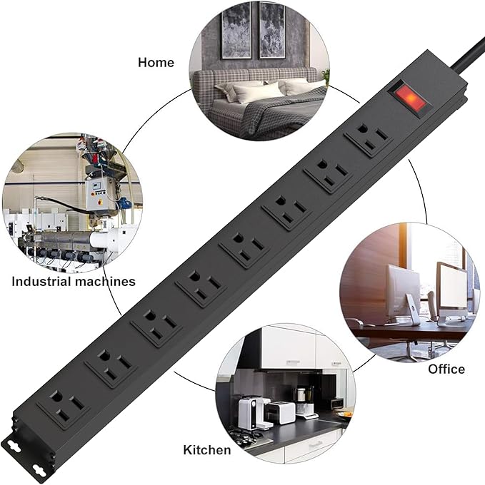 8 Outlet Metal Power Strip,6FT Long Extension Cord Heavy Duty Power Strip for Kitchen,Office,School,Commercial,Workshop,Industrial ETL Certified and Listed Socket,1825W/125V/15A,Black(6FT)