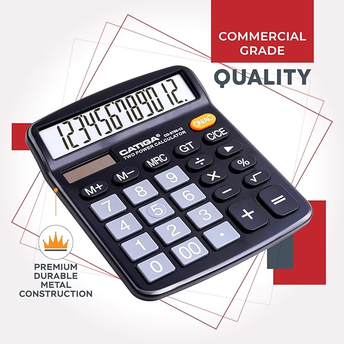 CATIGA Desktop Calculator (2 Pack) 12 Digit with Large LCD Display and Sensitive Button, Solar and Battery Dual Power, Standard Function for Office, Home, School, CD-2786 (Black/Silver)