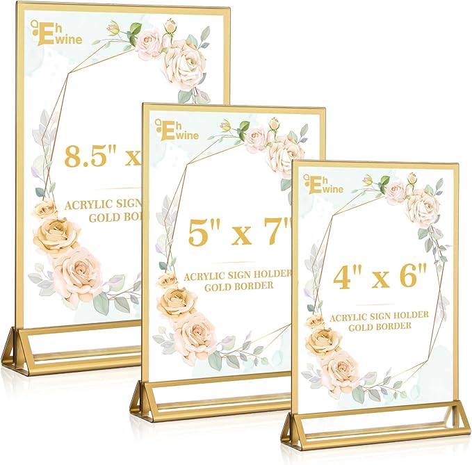 EHWINE 6 Pack Acrylic Sign Holder 4 x 6, Double Sided Gold Picture Frame Stand up Table Top Sign Holders, Clear Display Stand Menu Flyer Holder for Wedding Party
