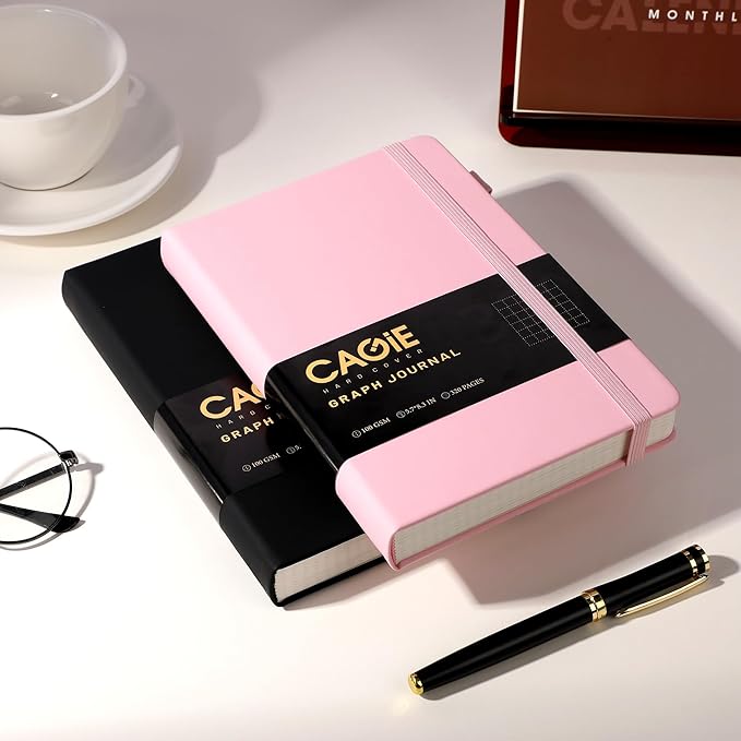 CAGIE Graph Notebook 320 Pages 100 GSM Paper Graphing Grid Journal B5 Hardcover Leather Quad Ruled Notebooks for Engineering, Math, Work, Pink