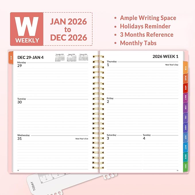 SUNEE 2026 Weekly and Monthly Planner - from January 2026 - December 2026, 6.4" x 8.3" Daily Agenda Planner with Monthly Tab, Flexible Cover, Note Pages, Pockets, Bookmark, Spiral Binding, Pink