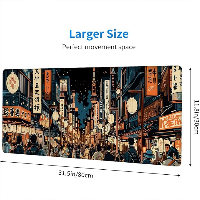 Japanese Street Desk Pad Mouse Pad Anime Tokyo Night Market XL Mouse Pad Large Mousepad Extended Laptop Keyboard Mat Gaming Desk Pad Mouse Mat Office Computer Keyboard Laptop Home 31.5"x11.8"
