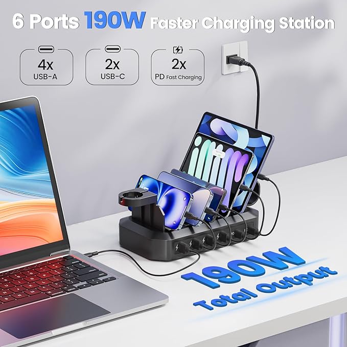 190W Fast Charging Station for Multiple Devices【Efficient & Safe Charging】 6 Port USB Charger Station - Family Multi-Device Organizer Charging Dock Compatible with iPhone/Android/MacBook/iPad/Tablet