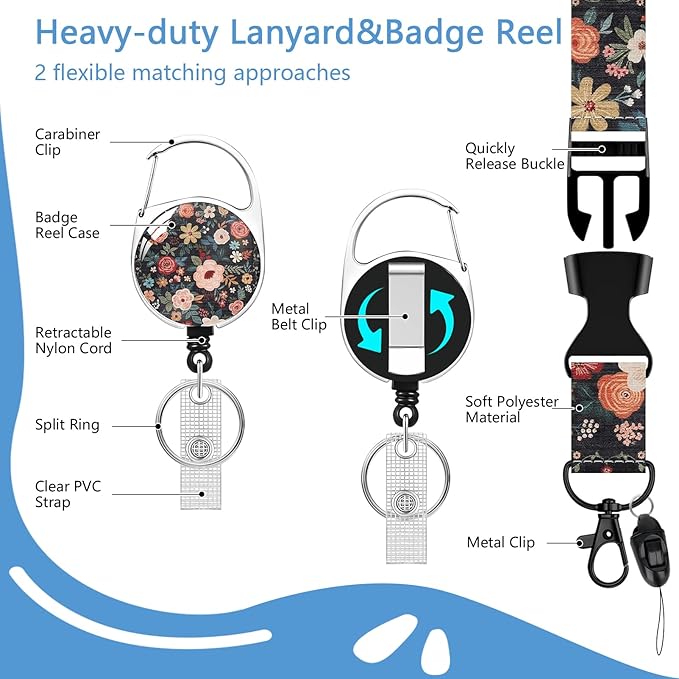 Floral Lanyard with Id Holder,Retro ID Badge Holder with Retractable Lanyard, ID Holder with Badge Reel Clips, Name Tag ID Card Holder Teacher Women Doctor Office Gift