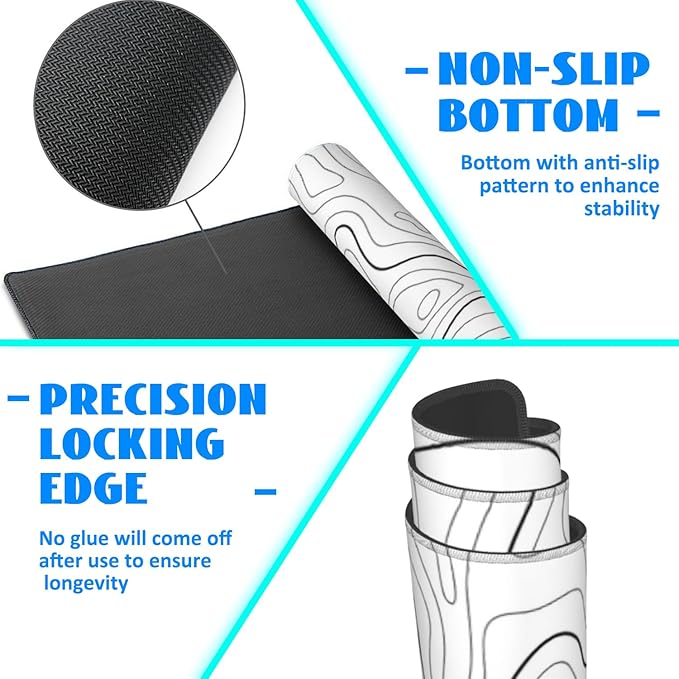 Desk Mat, White Topographic Contour Map Extended Gaming Mouse Pad Large, 31.5"x11.8" Big Mouse Pad with Non-Slip Base and Stitched Edge, Long Computer Keyboard Mouse Mat for Home Office Work