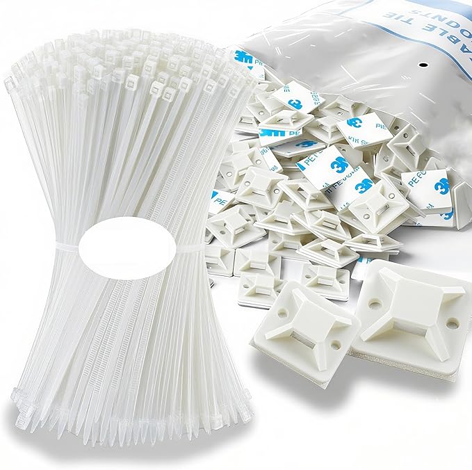 Zip Tie Mounts - SeuYeugX 1000 PCS Cable Self Adhesive Mounts Set for Wire Management with Stick Pads Anchors Clips Squares Holders (White)
